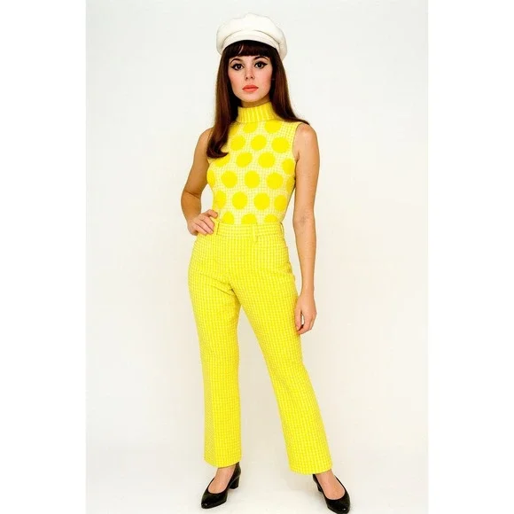 Vintage Women's M Pants Trousers Yellow Gingham 70s Mod Revival Retro Chic MCM - Picture 11 of 12